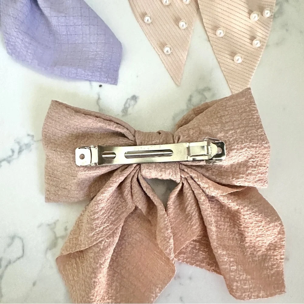 3/$22🩶 Blush Lilac Beige Faux Pearl Bow Barrette Hair Bow Accessories NEW
